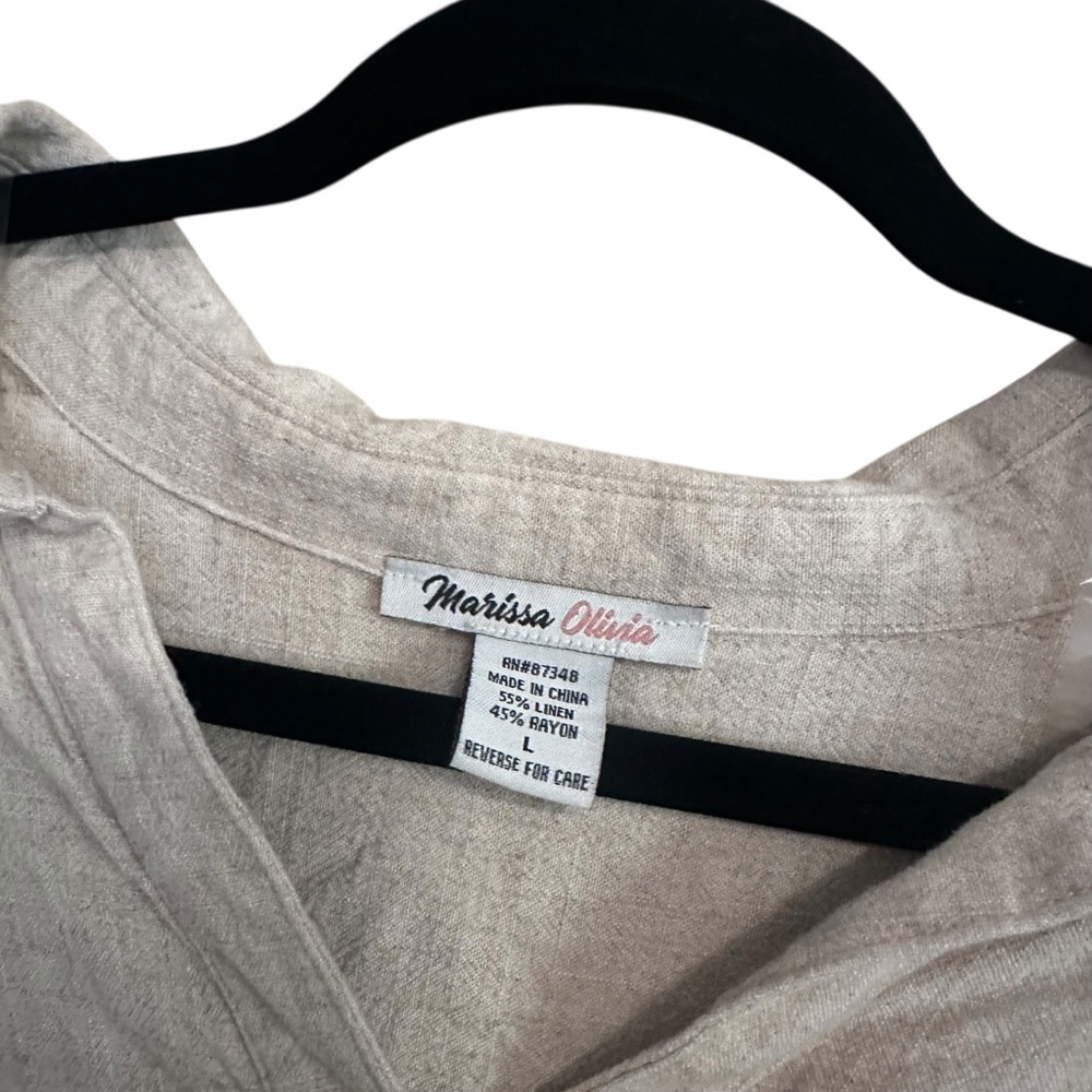 Marissa Olivia Cream Linen Rayon Blend Deep Vneck 3/4 Sleeve Knee Length Dress L - Picture 7 of 8